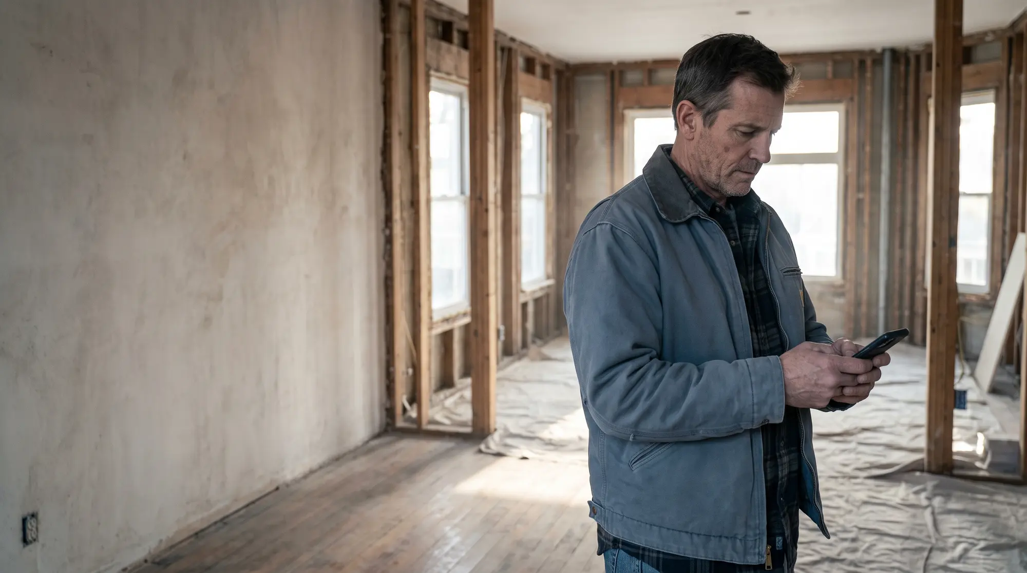 Un contratista de pie en una sala en obra gris, cotizando el trabajo en su celular.