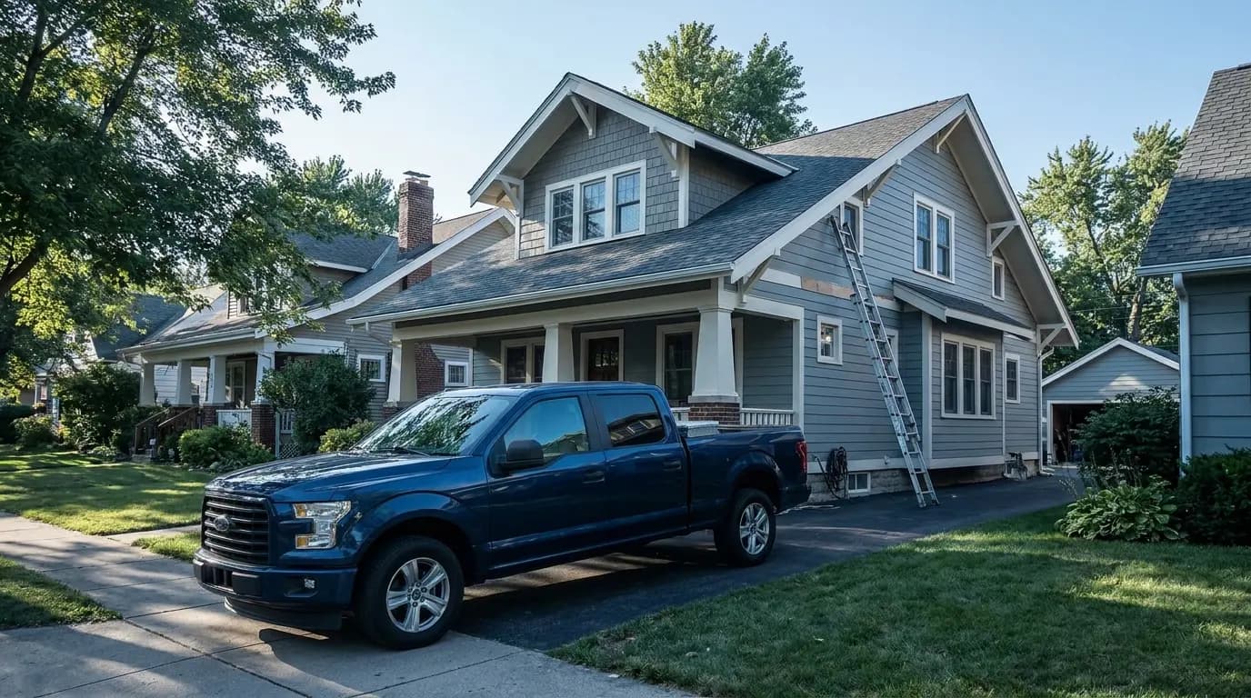 Una casa suburbana estadounidense en obra con una camioneta de contratista en la entrada.